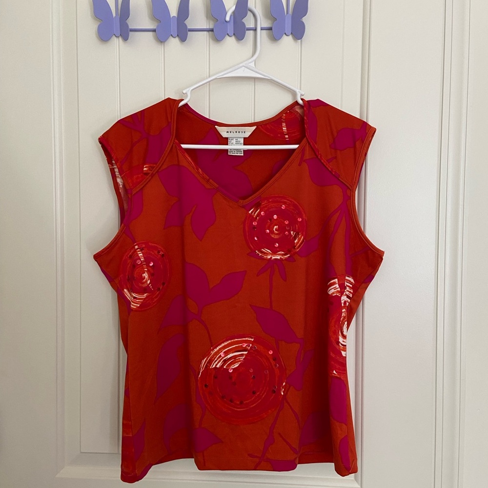 Vintage Melrose women’s floral sequin cap sleeve‎ stretchy bright blouse large
